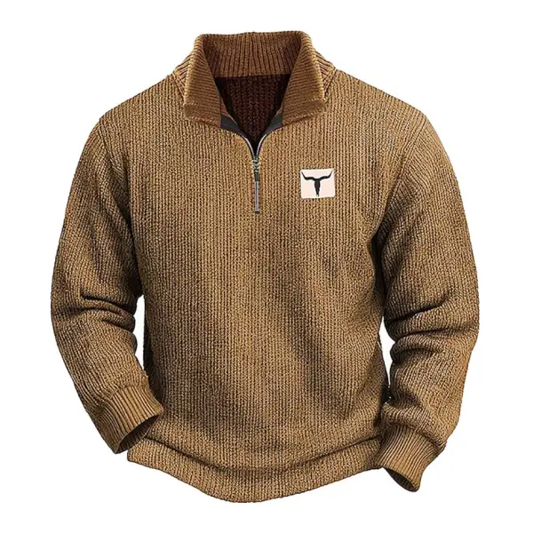 Men's Vintage Western Cowboy Knitted Quarter Zipper Stand Collar Sweater - Trisunshine.com 