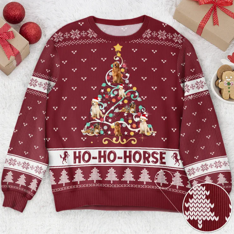 Custom Photo Ho Ho Horse Funny Christmas Tree - Christmas Gift For Pet Lovers Personalized Ugly Sweater