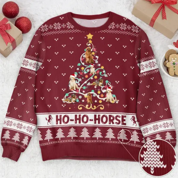 Custom Photo Ho Ho Horse Funny Christmas Tree - Christmas Gift For Pet Lovers Personalized Ugly Sweater - Trissla.com 