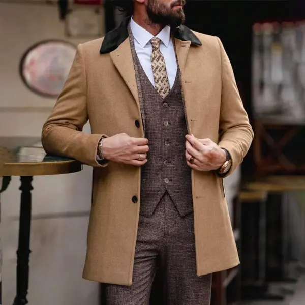 Manfinity Men's Casual Solid Color Button Front Pocket Long Sleeve Wool Jacket - Trisunshine.com 