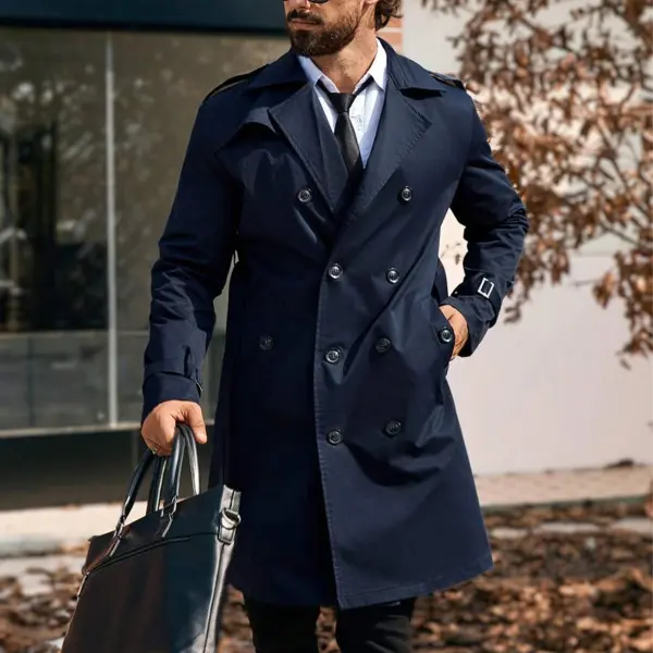 Men's Solid Color Double-Breasted Pocket Long Sleeve Windbreaker,Fall Men Clothes,Blue Trench Coat,Gifts For Boyfriend - Ootdyouth.com 