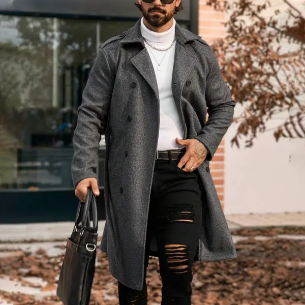 Men's Solid Color Double-Breasted Long Sleeve Woolen Coat, Autumn/Winter,Boyfriend Gift,Fall Men Clothes,Versatile Items - Spiretime.com 