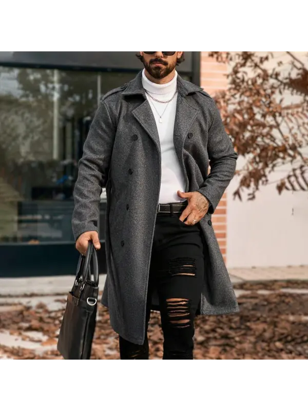 Men's Solid Color Double-Breasted Long Sleeve Woolen Coat, Autumn/Winter,Boyfriend Gift,Fall Men Clothes,Versatile Items - Ootdmw.com 