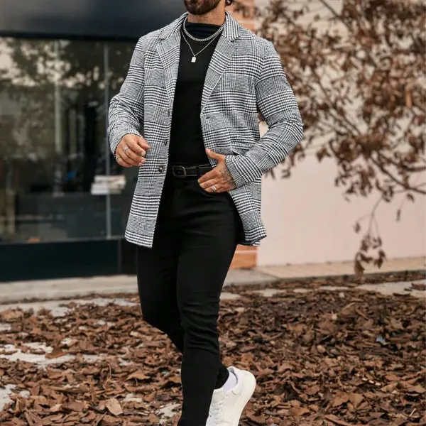 Men's Autumn/Winter Lapel Neck Long Sleeve Houndstooth Casual Mid-Length Woolen Coat,Boyfriend Gift,Fall Men Clothes,Ver - Trisunshine.com 
