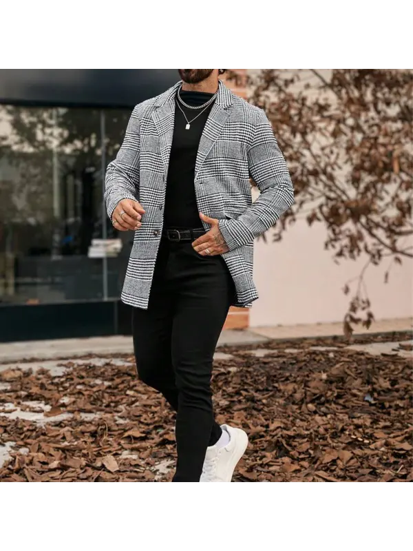 Men's Autumn/Winter Lapel Neck Long Sleeve Houndstooth Casual Mid-Length Woolen Coat,Boyfriend Gift,Fall Men Clothes,Ver - Ootdmw.com 