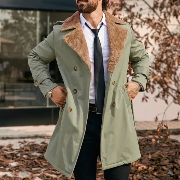 Men's Autumn Winter Color Block Faux Fur Collar Double-Breasted Casual Trench Coat,Boyfriend Gift,Winter Trench Coat - Trisunshine.com 