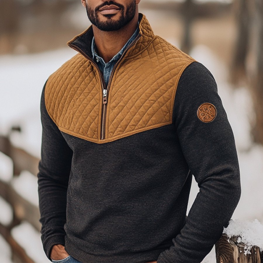 

Men's Retro Quilted Patchwork Quarter Zip Collar Sweatshirt