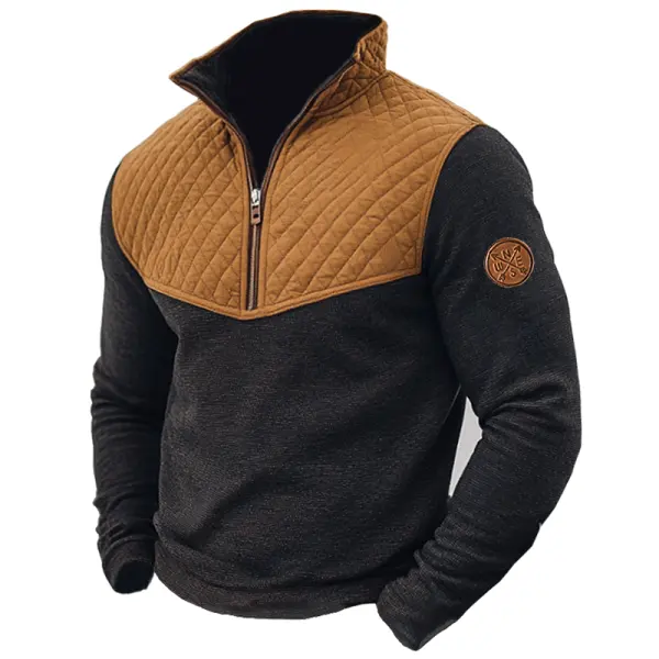 Men's Retro Quilted Patchwork Quarter Zip Collar Sweatshirt - Anurvogel.com 