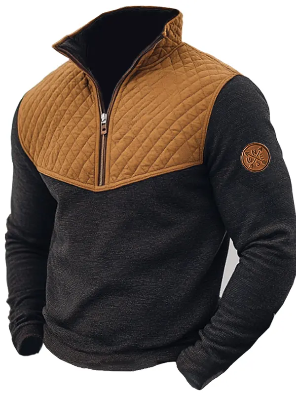 Men's Retro Quilted Patchwork Quarter Zip Collar Sweatshirt - Pragmaace.com 