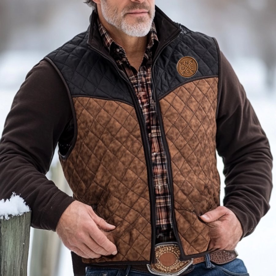 

Men's Retro Western Warm Quilted Color Block Vest