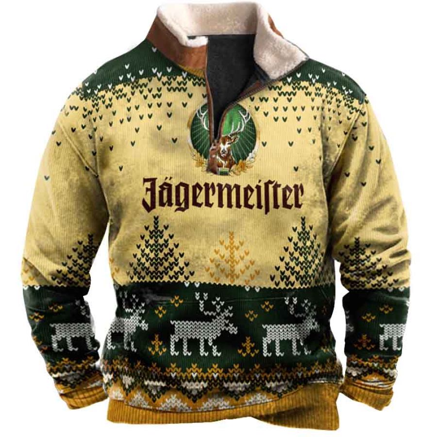 

Men's Vintage Reindeer Deer Ugly Christmas Print Fleece Collar Quarter Zip Stand Collar Sweatshirt