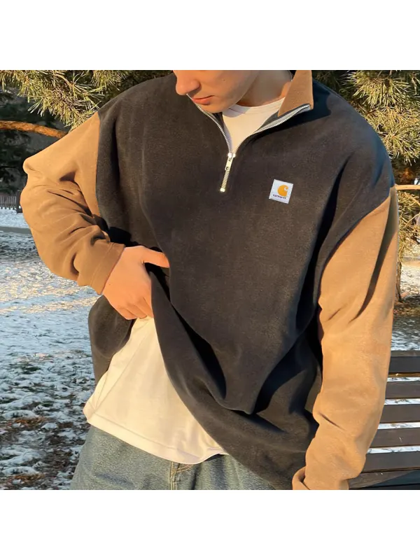 Unisex Retro Casual Zipper Polo Collar Pullover Sweatshirt - Aptkoi.com 