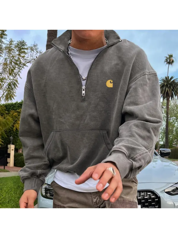 Vintage Unisex Print Polo Collar Sweatshirt Zip Half Open Collar Pullover Sweatshirt - Aptkoi.com 