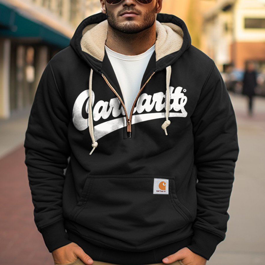 

Men's Vintage Quarter Zip Letter Print Fleece Collar Outdoor Hoodie