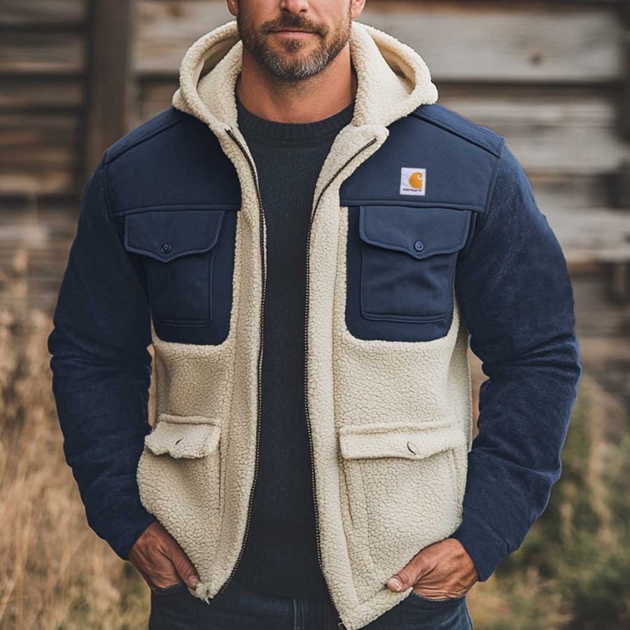 

Men's Carhartt Vintage Fleece Color Block Multi-Pocket Outdoor Warm Hooded Jacket