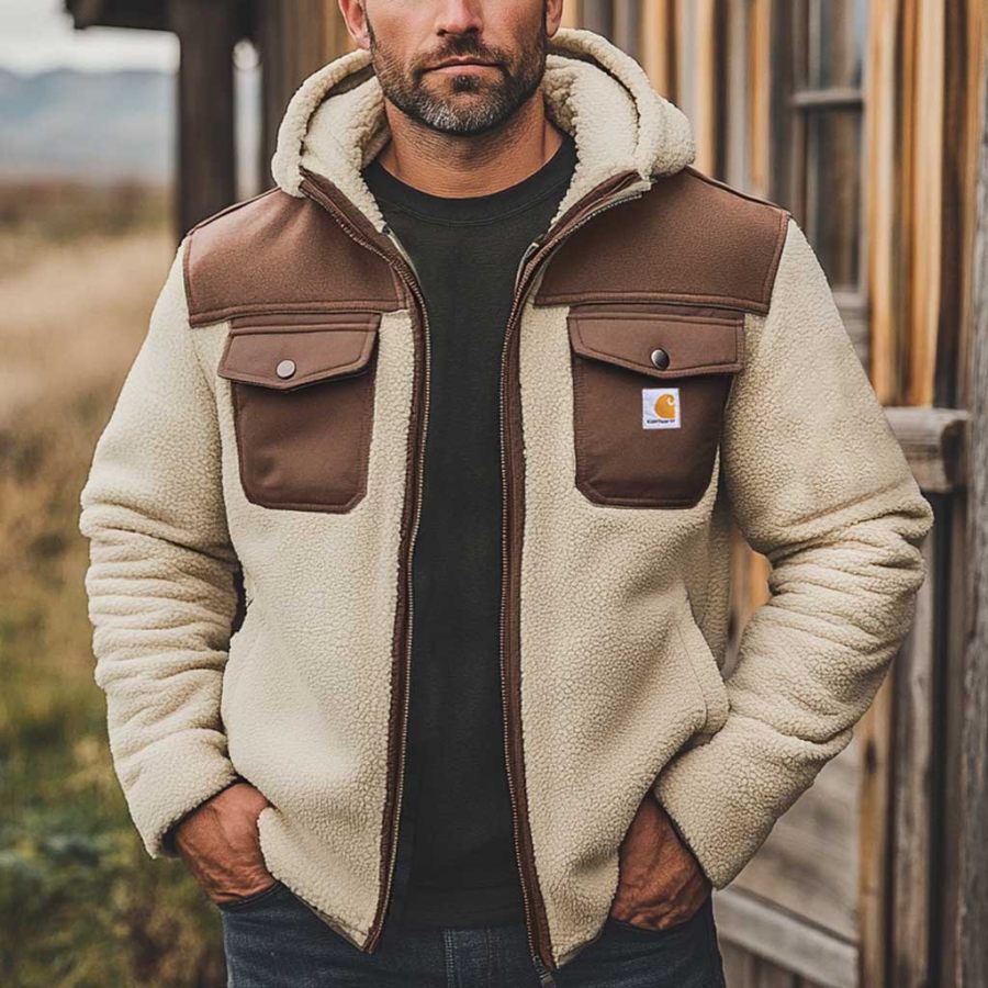 

Men's Vintage Fleece Color Block Multi-Pocket Outdoor Warm Hooded Jacket