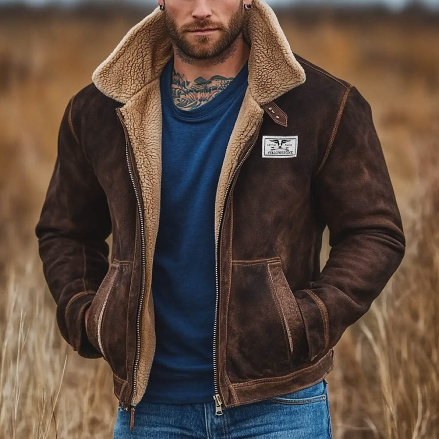 

Men's Vintage Suede Western Yellowstone Fleece Lapel Outdoor Shearling Jacket