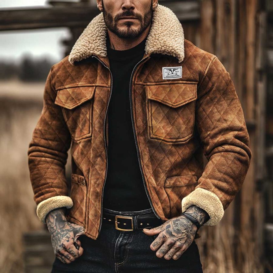 

Men's Vintage Quilted Suede Western Yellowstone Fleece Lapel Outdoor Shearling Jacket