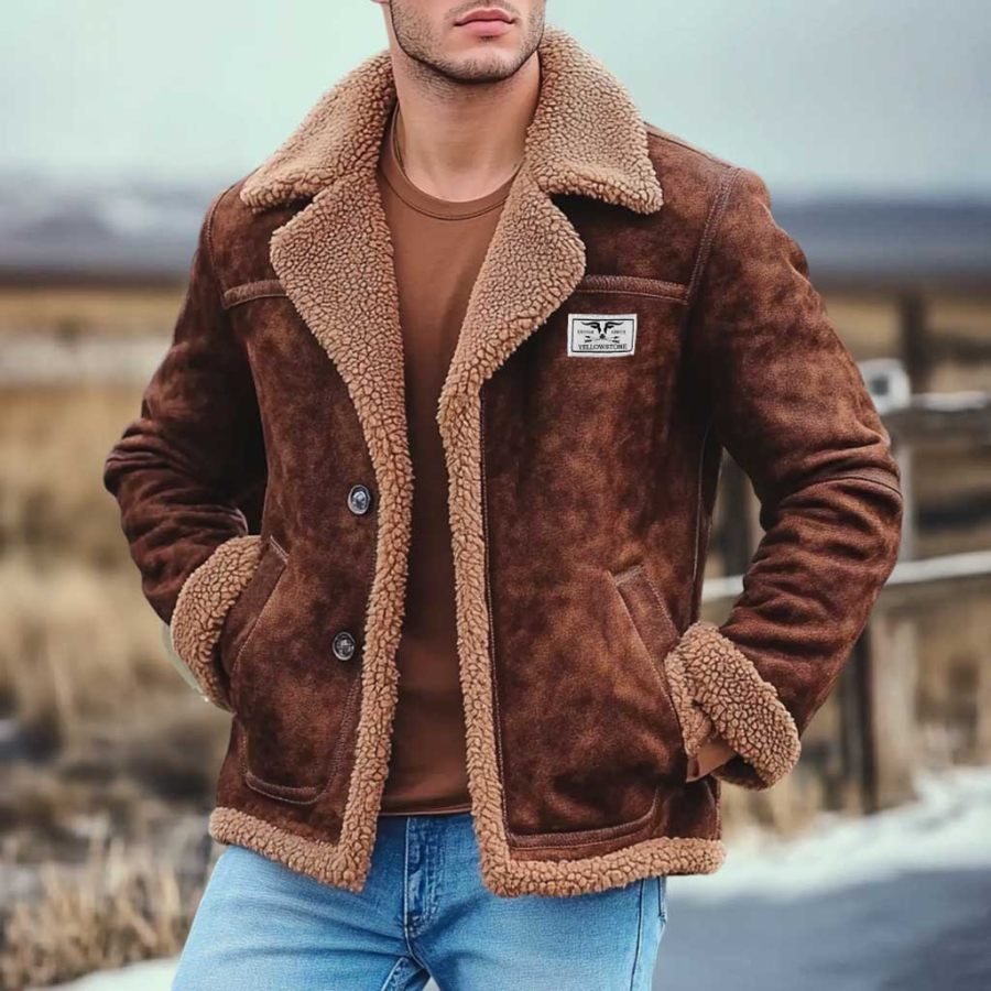 

Men's Vintage Suede Western Yellowstone Fleece Reverse Collar Outdoor Shearling Jacket