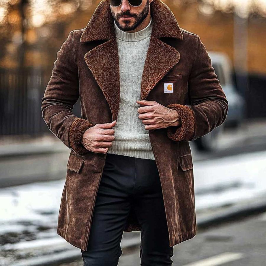 

Men's Vintage Suede Shearling Fleece Reverse Collar Mid-Length Coat Sherpa Lined Jacket