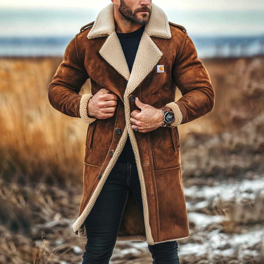

Men's Carhartt Vintage Suede Shearling Fleece Reverse Collar Mid-Length Coat Sherpa Lined Jacket