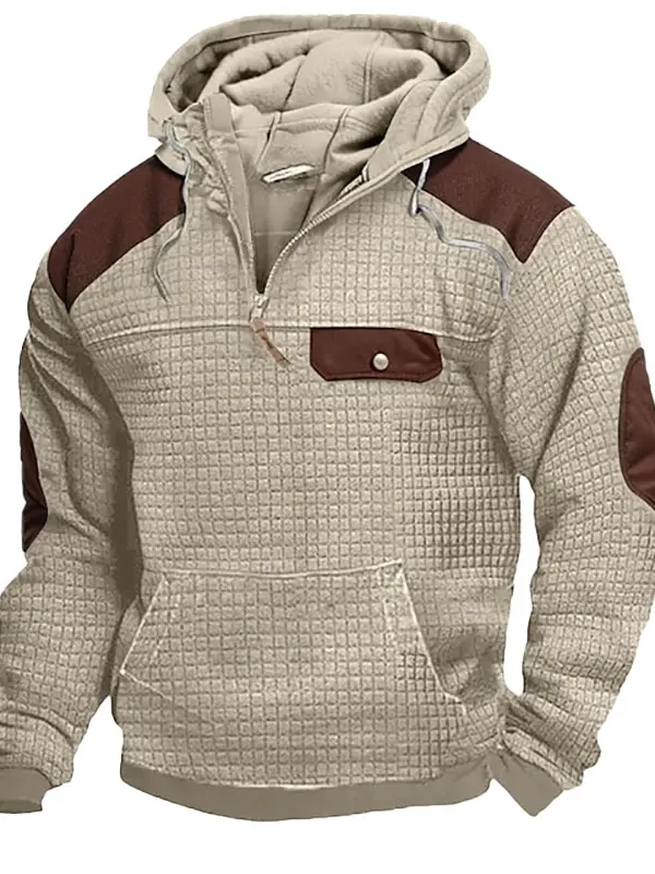Men's Vintage Quilted Color Block Plaid Pocket Zip Hoodie - Simplyion.com 