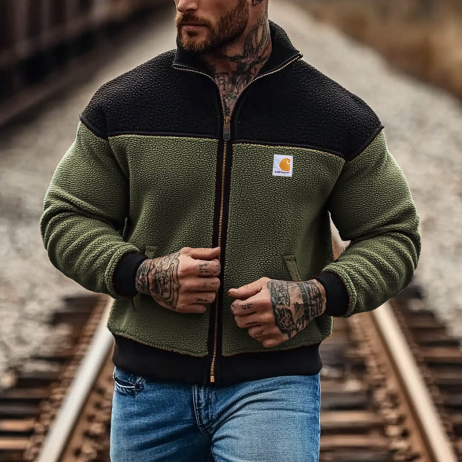 

Men's Vintage Fleece Color Block Stand Collar Outdoor Jacket