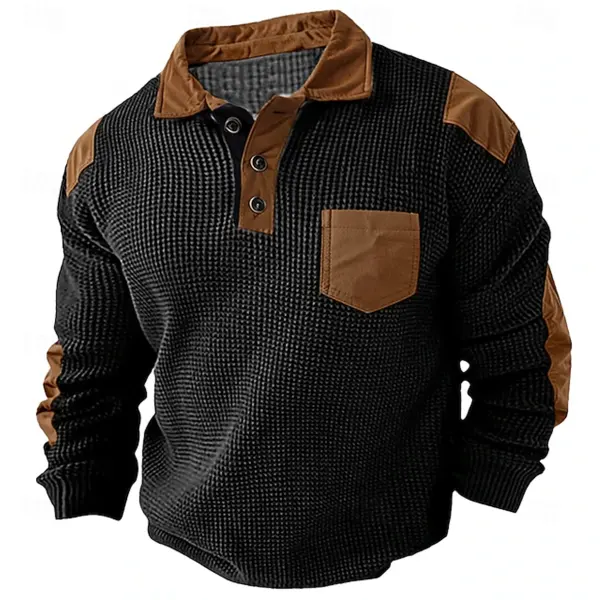 Men's Waffle Polo Shirt Long Sleeve Vintage Fashion Button Pocket Spring & Fall Black Polo Shirt - Elementnice.com 
