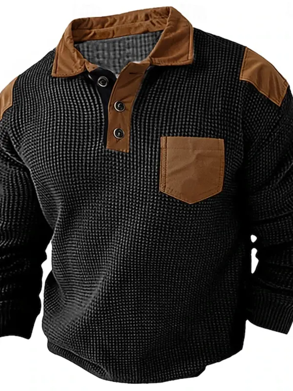 Men's Waffle Polo Shirt Long Sleeve Vintage Fashion Button Pocket Spring & Fall Black Polo Shirt - Pragmaace.com 