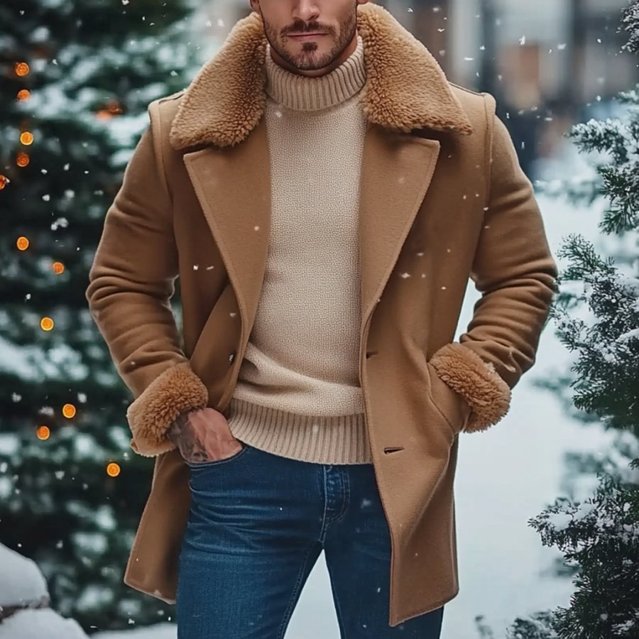 

Men's Vintage Wool Fur Collar Reverse Collar Mid-Length Coat Shearling Jacket