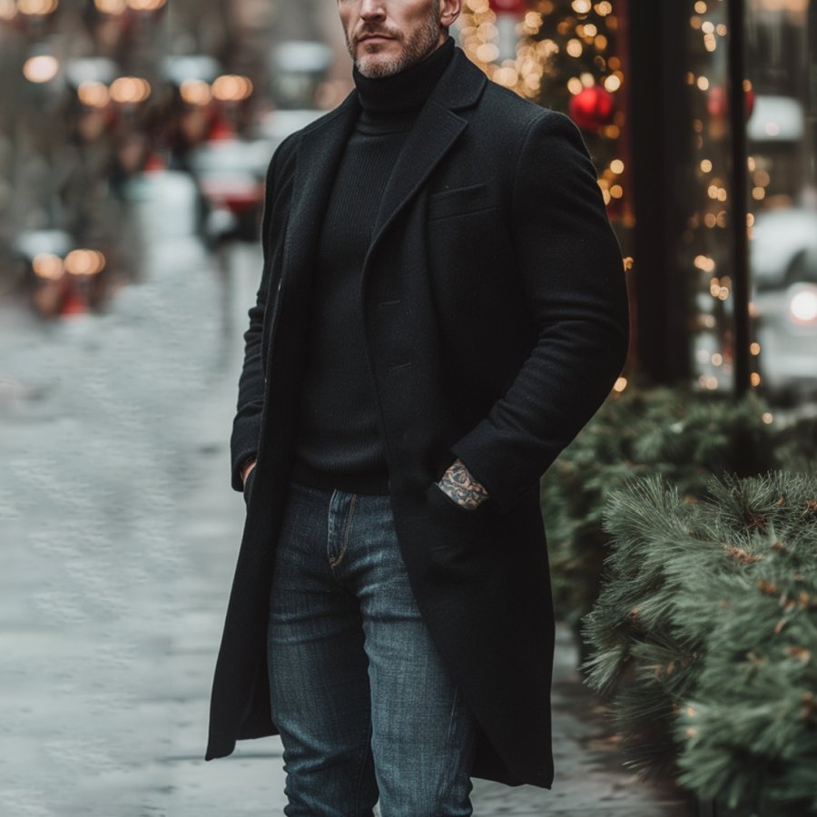 

Men's Vintage Wool Reverse Collar Mid-Length Coat Jacket