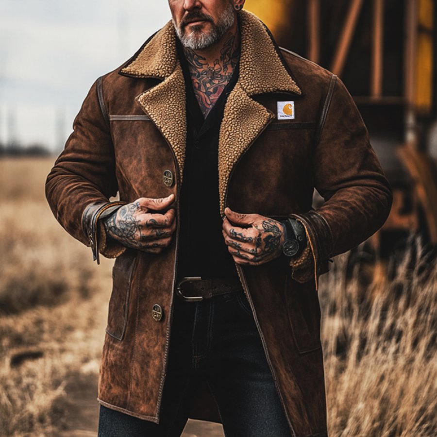 

Men's Farm Grazing Vintage Suede Patchwork Lamb Fleece Multi-Pocket Reverse Collar Outdoor Brown Jacket Coat