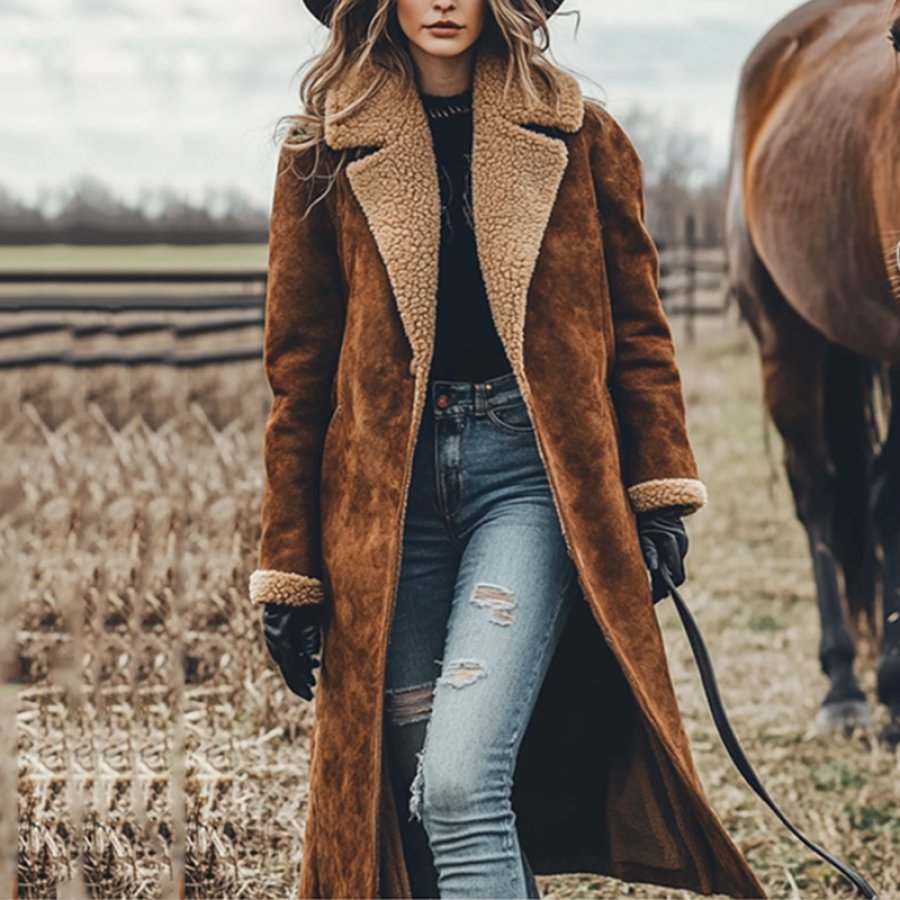 

Women's Cowgirl Outdoor Lamb Wool Spliced Woolen Suede Long Coat Jacket