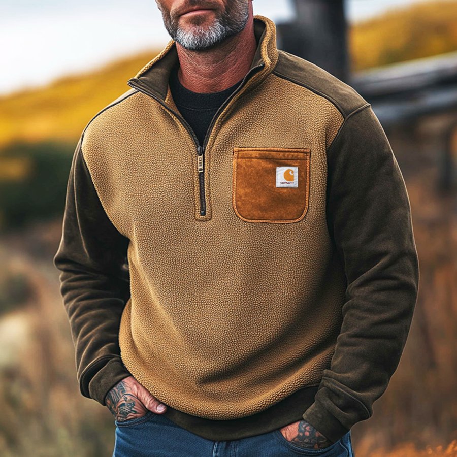 

Men's Vintage Suede Patchwork Lamb Fleece Contrast Pockets Quarter Zip Stand Collar Sweatshirt