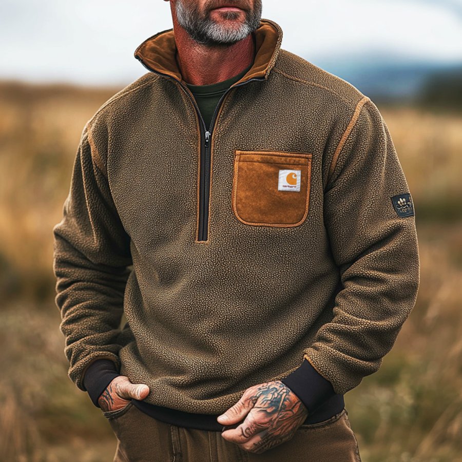 

Men's Vintage Suede Patchwork Lamb Fleece Contrast Pockets Quarter Zip Stand Collar Sweatshirt