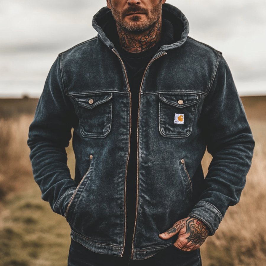 

Men's Vintage Outdoor Suede Hooded Zipper Multi Pocket Jacket