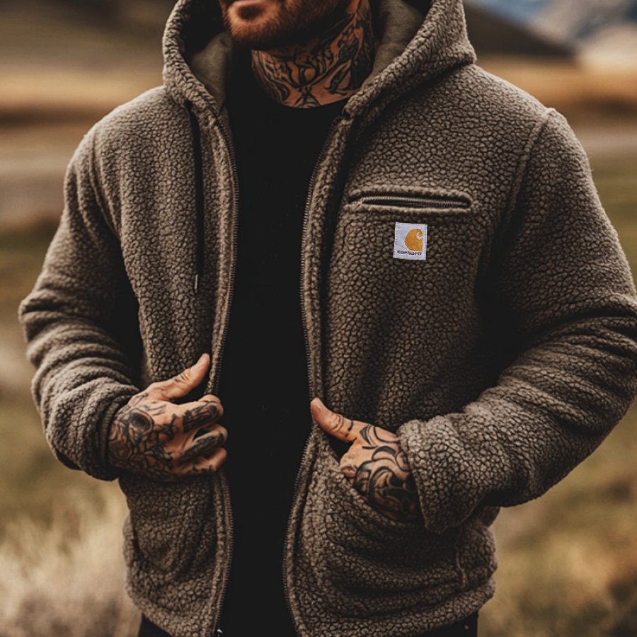 

Men's Vintage Outdoor Lambskin Hooded Zipper Sweatshirt