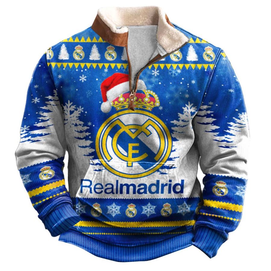 

Men's Vintage Football Real Madrid CF Print Fleece Collar Quarter Zip Stand Collar Ugly Christmas Sweatshirt