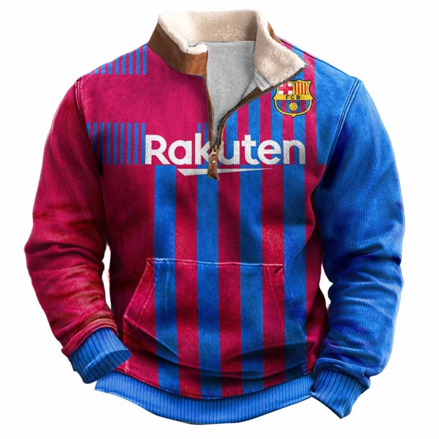 

Men's Vintage FC Barcelona Football Print Fleece Collar Quarter Zip Stand Collar Ugly Christmas Sweatshirt