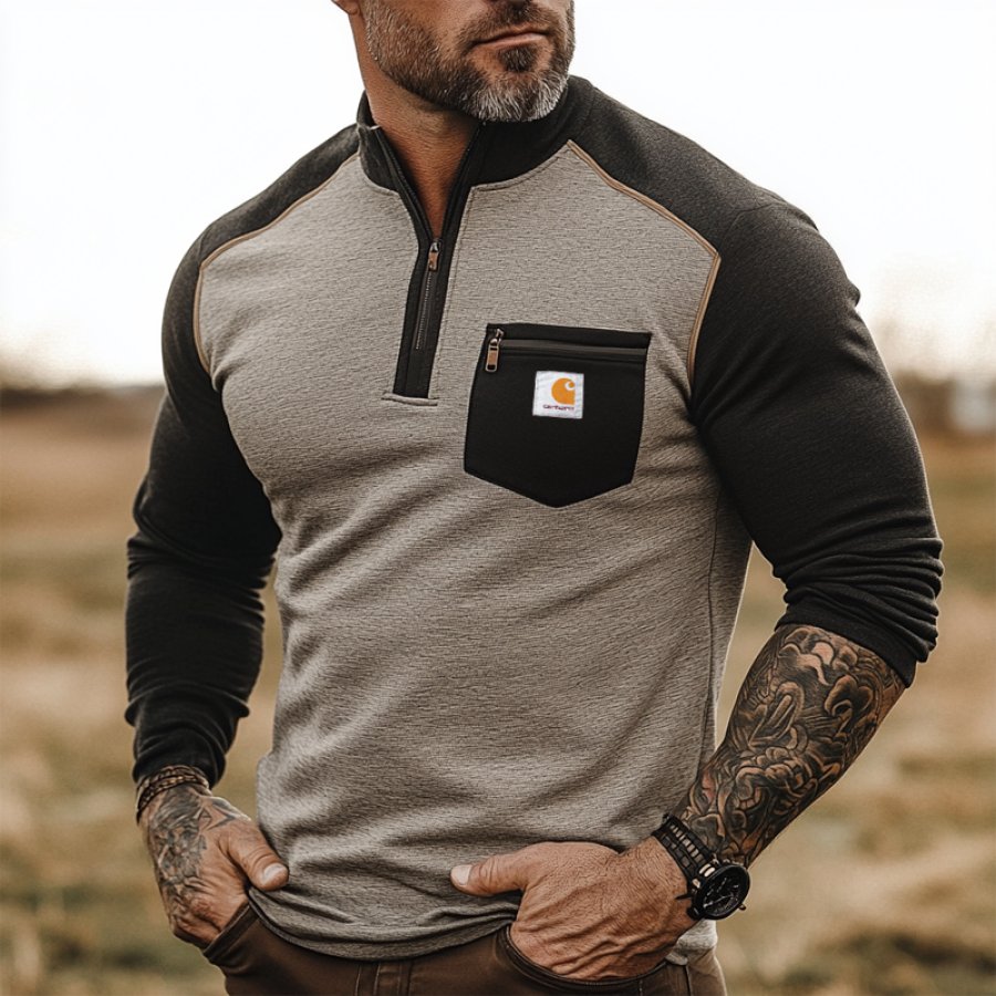 

Men's Outdoor Vintage Contrast Pocket Quarter Zip Long Sleeved T-shirt