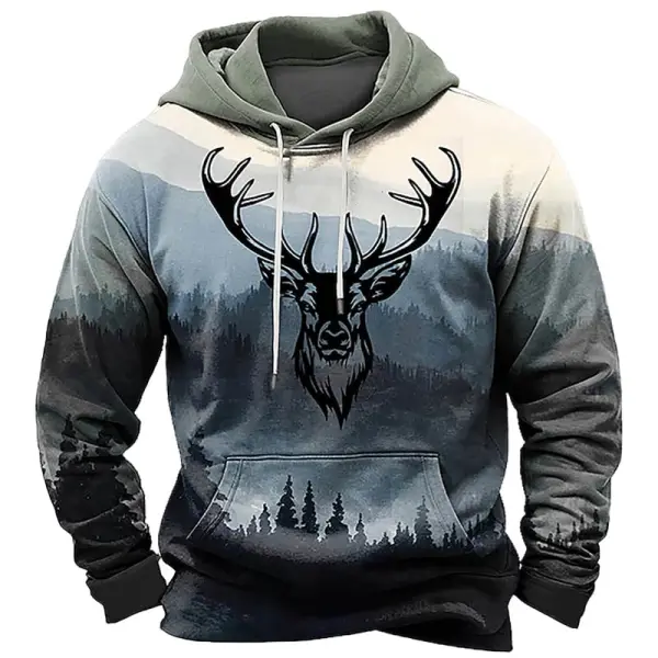 Men's Vintage Forest Deer Head Hunting Print Pocket Long Sleeve Hoodie - Elementnice.com 