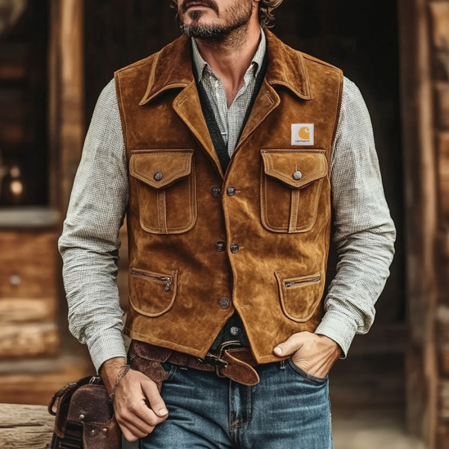 

Men's Vintage Suede Multi-Pocket Outdoor Motorcycle Lapel Vest Jacket