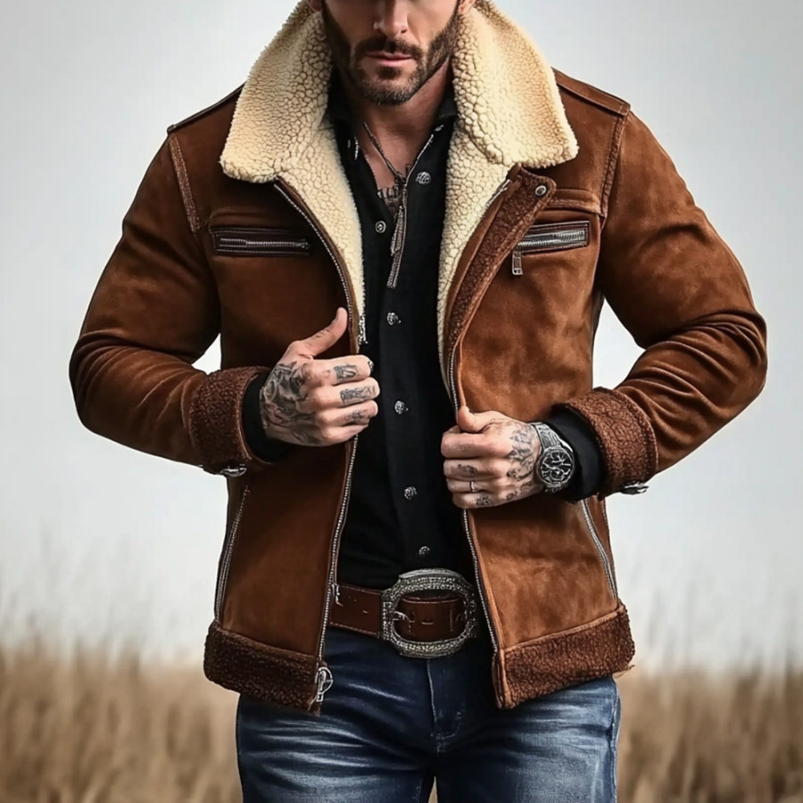 

Men's Vintage Suede And Wool Plush Multi-Pocket Lapel Outdoor Jacket