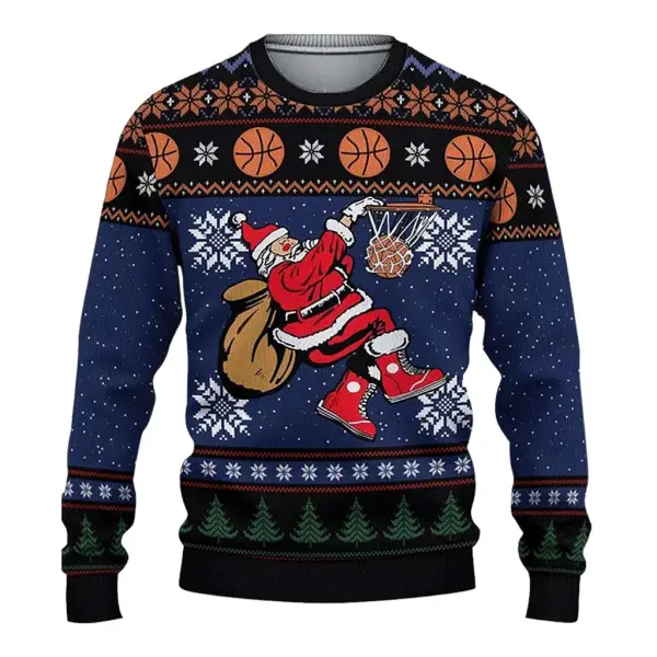 Unisex Vintage Santa Playing Basketball Print Crew Neck Ugly Christmas Sweatshirt - Wayrates.com 