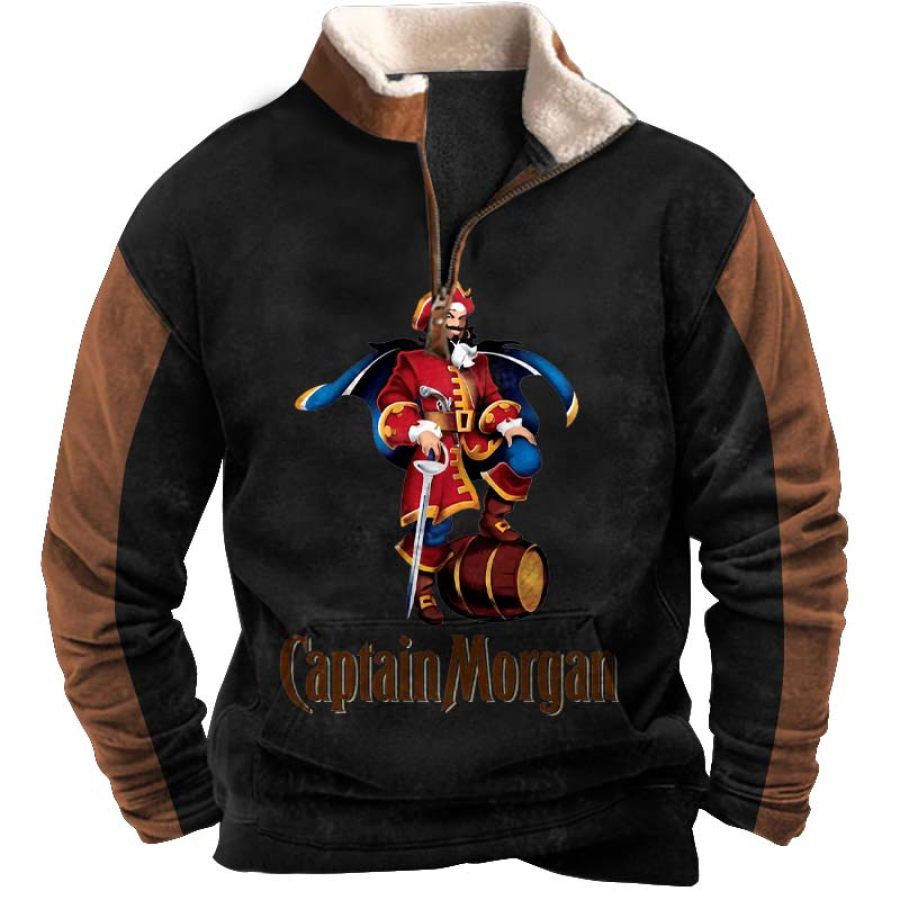 

Men's Vintage Captain Morgan Rum Print Ugly Christmas Fleece Collar Quarter Zip Stand Collar Sweatshirt