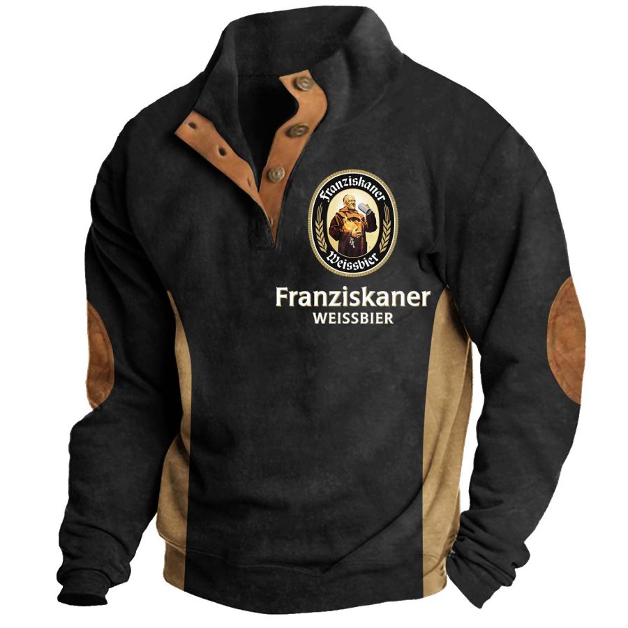 

Men's Vintage Franziskaner Germany Drinking Print Ugly Christmas Stand Collar Buttons Sweatshirt