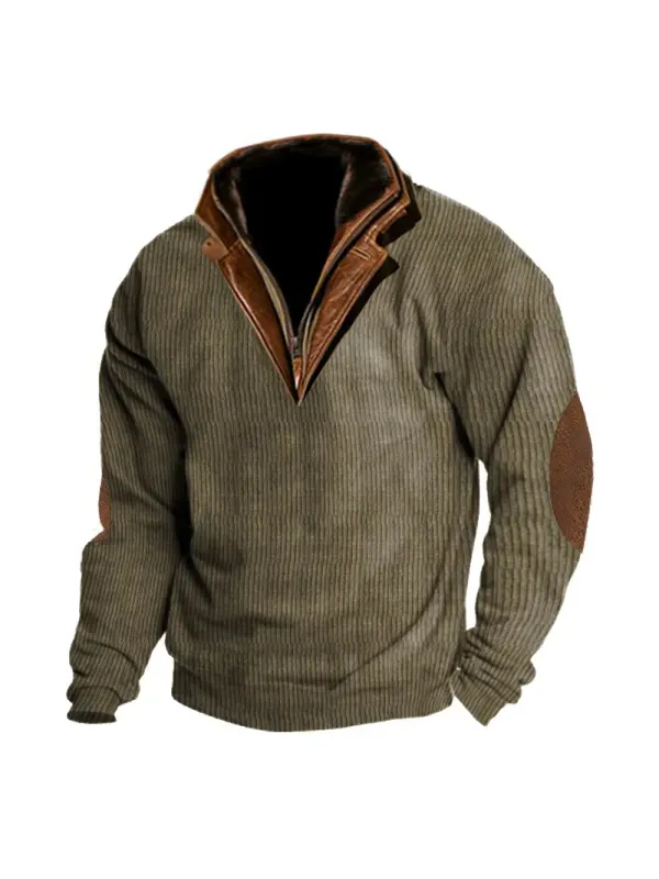 Men's Outdoor Casual Zip Polo Stand Collar Long Sleeve Sweatshirt Double Layer Lapel Fur Leather Collar Pullover - Shopyiyistories.com 
