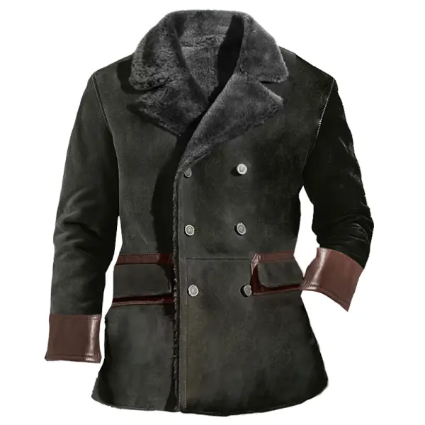 Men's Vintage Western Suede Polar Fleece Collar Double Breasted Coat Jacket - Trissla.com 