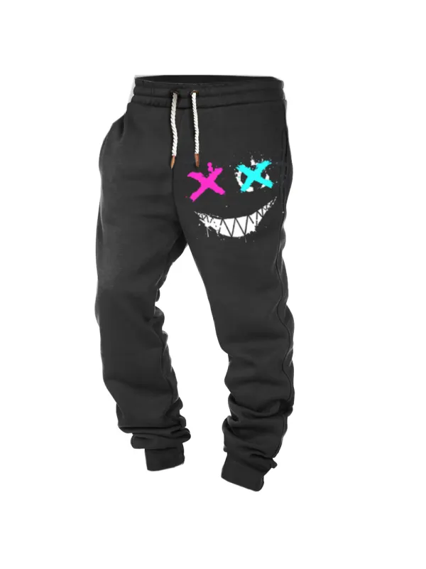 Men's Smiley Print Pocket Casual Sports Elastic Waist Trousers - Aptkoi.com 