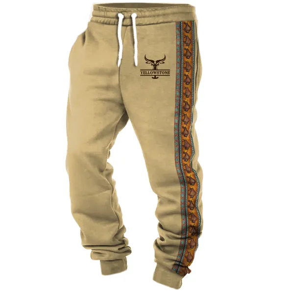 Men's Vintage Western Yellowstone Print Elastic Waist Casual Trousers - Trissla.com 